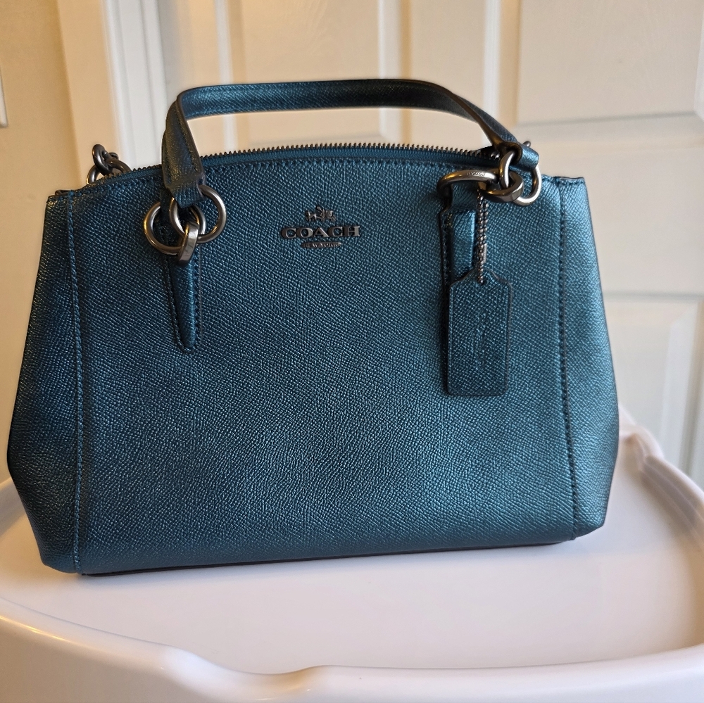 Coach Mini Christie Carryall Metallic Dark Teal Leather Satchel
